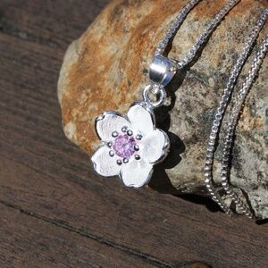 New Sakura Cherry Blossom Flower Pendant Sterling Silver Pink Tourmaline
